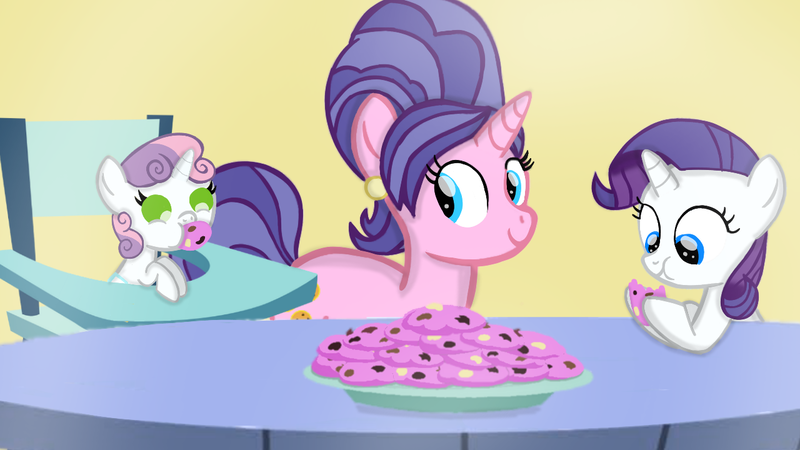 Size: 1280x720 | Tagged: safe, artist:mlplary6, derpibooru import, cookie crumbles, rarity, sweetie belle, pony, unicorn, baby, baby sweetie belle, cookie, eating, female, filly, filly rarity, foal, food, image, mare, png, smiling, younger