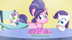 Size: 1280x720 | Tagged: safe, artist:mlplary6, derpibooru import, cookie crumbles, rarity, sweetie belle, pony, unicorn, baby, baby sweetie belle, cookie, eating, female, filly, filly rarity, foal, food, image, mare, png, smiling, younger