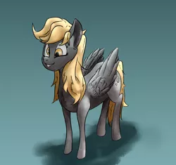 Size: 1652x1552 | Tagged: safe, artist:ceugenese, derpibooru import, derpy hooves, pegasus, pony, blue background, cute, cutie mark, female, gray coat, image, jpeg, mare, simple background, smiling, solo, solo female, wings, yellow eyes, yellow hair