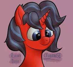 Size: 5552x5080 | Tagged: safe, derpibooru import, oc, oc:rainy dusk, unofficial characters only, pony, unicorn, blue eyes, bust, colt, foal, horn, image, jpeg, male, pink background, portrait, red coat, signature, simple background, solo