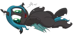 Size: 2147x1051 | Tagged: safe, artist:soccy, derpibooru import, queen chrysalis, changeling, changeling queen, pony, bellyrubs, cute, cutealis, fangs, female, filly, floppy ears, foal, image, looking at you, lying down, png, simple background, solo, transparent background