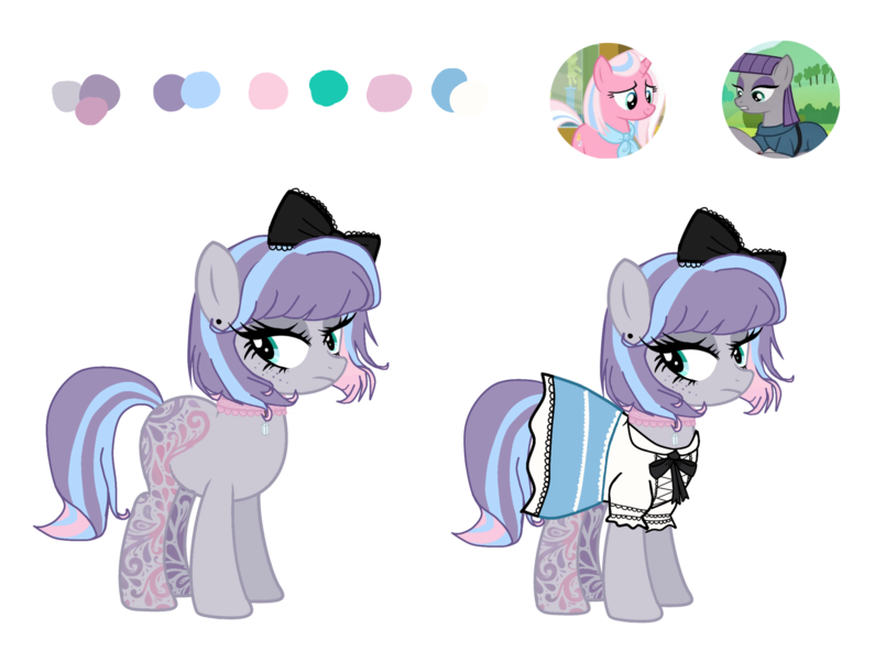 Size: 3464x2615 | Tagged: safe, artist:meimisuki, artist:vernorexia, derpibooru import, clear sky, maud pie, oc, earth pony, pony, base used, blue mane, bow, choker, clothed ponies, clothes, color palette, commission, crystal, dress, ear piercing, earring, eyeshadow, female, frilly dress, fusion, goth, gothic, gothic lolita, gray coat, hair bow, image, jewelry, lolita fashion, makeup, mare, markings, multicolored mane, necklace, piercing, pink mane, png, purple mane, reference sheet