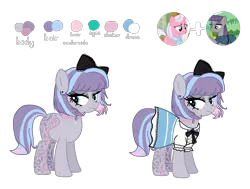 Size: 3464x2615 | Tagged: safe, artist:meimisuki, artist:vernorexia, derpibooru import, clear sky, maud pie, oc, earth pony, pony, base used, blue mane, bow, choker, clothed ponies, clothes, color palette, commission, crystal, dress, ear piercing, earring, eyeshadow, female, frilly dress, fusion, goth, gothic, gothic lolita, gray coat, hair bow, image, jewelry, lolita fashion, makeup, mare, markings, multicolored mane, necklace, piercing, pink mane, png, purple mane, reference sheet