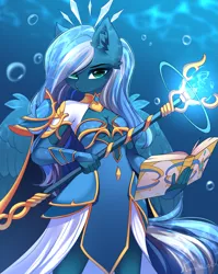 Size: 2931x3682 | Tagged: safe, artist:airiniblock, derpibooru import, oc, oc:vivid tone, unofficial characters only, anthro, pegasus, blue mane, book, bubble, clothes, crepuscular rays, dress, ear fluff, feather, flowing tail, gauntlet, glow, green eyes, hand, high res, image, jewelry, looking at you, ocean, pegasus oc, png, rcf community, smiling, smiling at you, solo, spear, sunlight, tail, underwater, water, weapon, wings