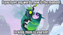 Size: 640x360 | Tagged: safe, derpibooru import, edit, edited screencap, screencap, queen chrysalis, starlight glimmer, the ending of the end, caption, cocoon, doctor who, evil, evil grin, grin, image, image macro, jpeg, scared, smiling, starlight vs chrysalis, text, ultimate chrysalis