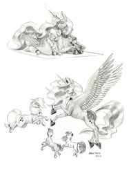 Size: 1050x1384 | Tagged: safe, artist:baron engel, derpibooru import, apple bloom, applejack, princess luna, oc, oc:stone mane (baron engel), alicorn, earth pony, pony, colt, female, filly, foal, image, jpeg, male, mare, monochrome, pencil drawing, story included, traditional art