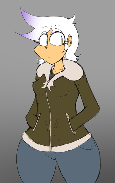 Size: 838x1326 | Tagged: safe, artist:coffeebanana, derpibooru import, gilda, human, bomber jacket, clothes, hand in pocket, humanized, image, jacket, looking at you, png, sketch, solo, white hair