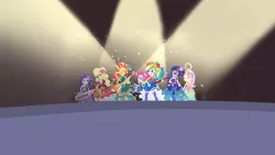 Size: 2560x1440 | Tagged: safe, derpibooru import, official, applejack, fluttershy, pinkie pie, rainbow dash, rarity, sci-twi, sunset shimmer, twilight sparkle, equestria girls, confetti, female, humane five, humane seven, humane six, image, musical instrument, png, stage, stage light, the rainbooms, youtube banner