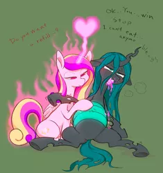 Size: 2250x2396 | Tagged: suggestive, artist:noupu, derpibooru import, princess cadance, queen chrysalis, alicorn, changeling, changeling queen, pony, belly, big belly, changeling overfeeding, dialogue, duo, duo female, feeding, female, green background, heart, huge belly, image, inflation, jpeg, love overload, mare, princess of love, simple background