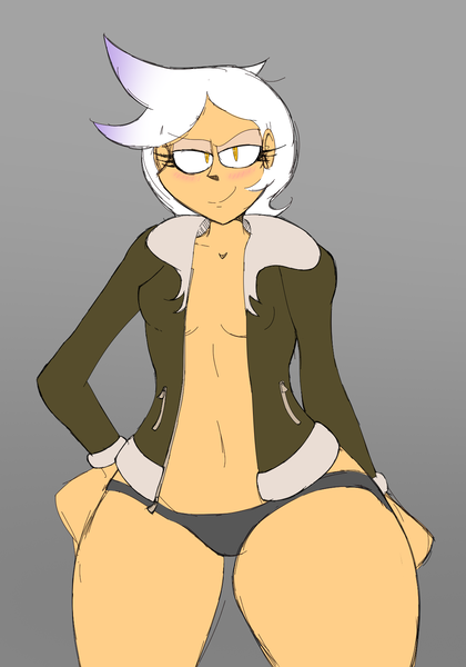 Size: 1096x1567 | Tagged: suggestive, artist:coffeebanana, derpibooru import, gilda, gryphon, human, black underwear, blushing, bomber jacket, breasts, cheeky, clothes, hand on hip, humanized, image, jacket, partial nudity, png, sketch, smiling, smirk, solo, topless, underwear