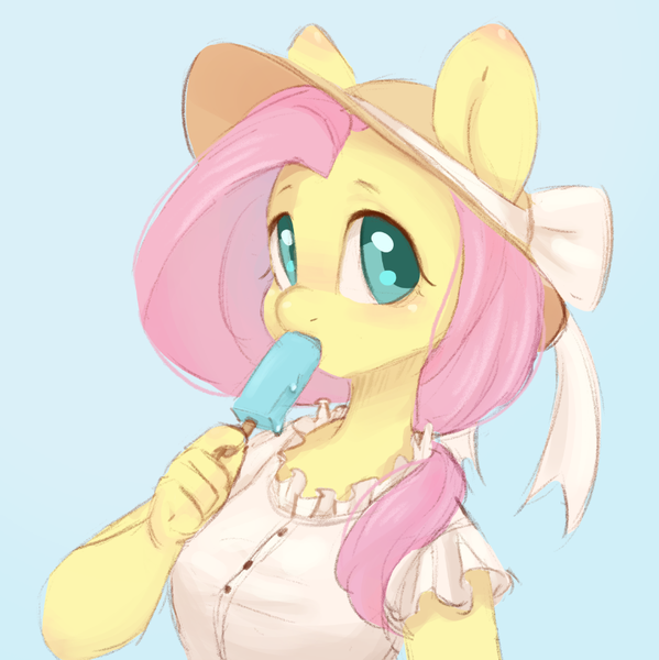 Size: 864x866 | Tagged: safe, artist:melodylibris, derpibooru import, fluttershy, anthro, pegasus, pony, alternate hairstyle, blue background, clothes, colored pupils, cute, eating, female, food, hat, image, looking at you, mare, png, popsicle, shirt, shyabetes, simple background, solo, sun hat