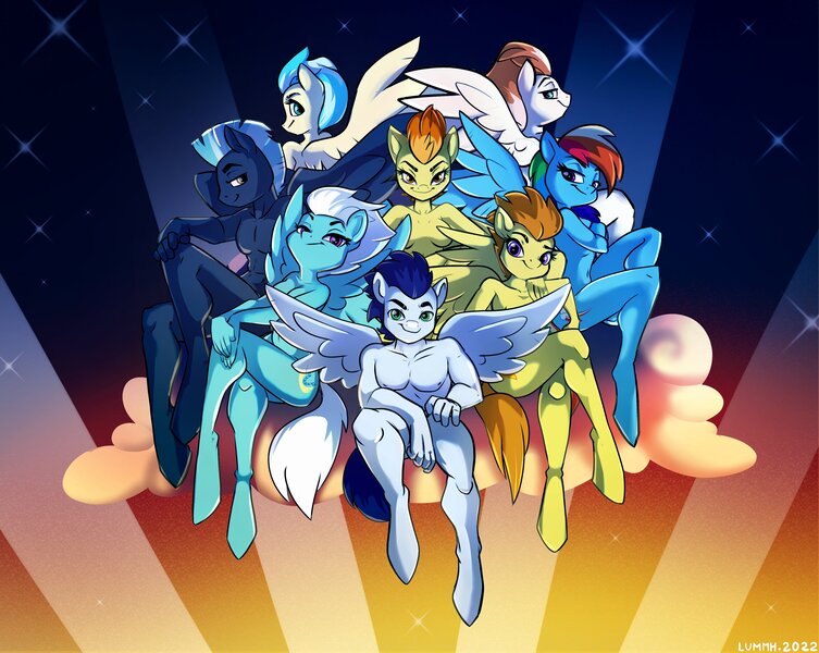 Size: 4005x3190 | Tagged: suggestive, artist:lummh, derpibooru import, blaze, fire streak, fleetfoot, misty fly, rainbow dash, soarin', spitfire, thunderlane, anthro, pegasus, unguligrade anthro, bedroom eyes, cloud, group shot, image, jpeg, nudity, sitting, strategically covered, wonderbolts