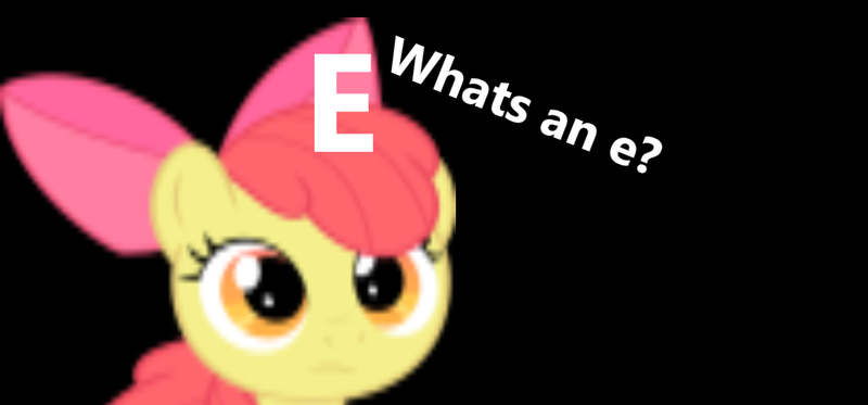 Size: 1350x629 | Tagged: safe, derpibooru import, apple bloom, earth pony, pony, black background, confused, e, female, image, png, sad, simple background, text