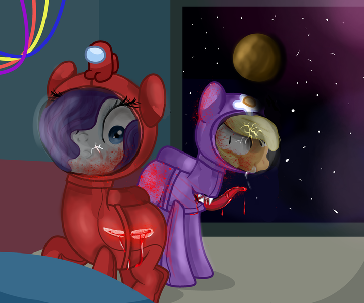 Size: 3600x3000 | Tagged: grimdark, artist:c1trine, artist:liratn, derpibooru import, applejack, rarity, alien, earth pony, pony, unicorn, alternate hairstyle, among us, astronaut, blood, bloodshot eyes, body horror, clothes, commission, crewmate, crossover, crying, cut, drool, duo, egg, fangs, image, impostor, planet, png, raised hoof, space, spaceship, spacesuit, stars, table, tears of pain, this will end in death, tongue out, torn clothes, ych result