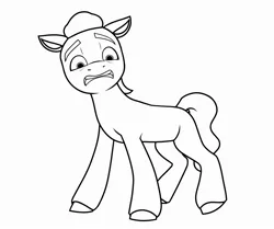 Size: 2405x2008 | Tagged: safe, artist:dancingkinfiend, derpibooru import, sprout cloverleaf, earth pony, pony, my little pony: a new generation, black and white, derpibooru exclusive, fear, floppy ears, frown, g5, grayscale, gritted teeth, high res, image, jpeg, lineart, looking down, male, monochrome, raised eyebrow, raised hoof, raised leg, scared, simple background, solo, stallion, tail, teeth, terrified, wavy hair, wavy mane, wavy tail