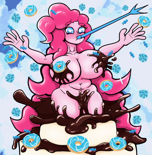 Size: 4200x4300 | Tagged: questionable, artist:atwistedspirit, derpibooru import, pinkie pie, equestria girls, absurd resolution, belly button, big breasts, breasts, busty pinkie pie, cake, chocolate, chubby, covered nipples, donut, female, food, huge breasts, image, party horn, png, popping out of a cake, solo, solo female