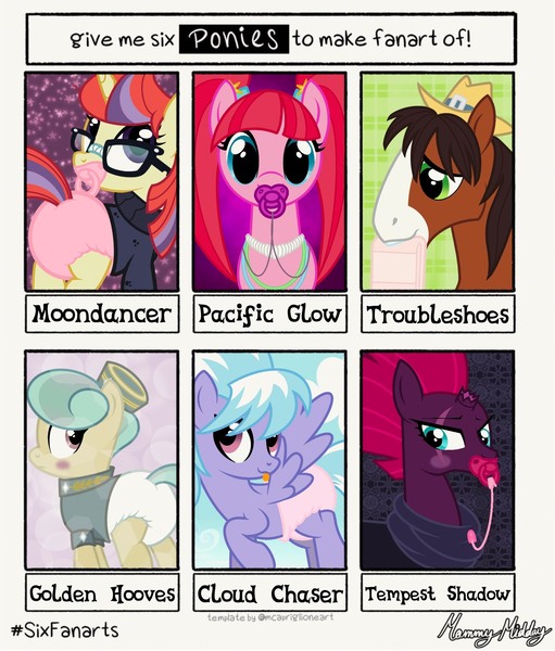 Size: 1640x1926 | Tagged: questionable, artist:mommymidday, derpibooru import, cloudchaser, moondancer, pacific glow, tempest shadow, trouble shoes, crystal pony, earth pony, pegasus, pony, unicorn, six fanarts, abdl, adult diaper, adult foal, blushing, cap, clothes, diaper, diaper fetish, fetish, golden hooves (character), hat, image, jpeg, looking at you, looking away, multiple characters, pacifier, shirt, show accurate, spread wings, wings