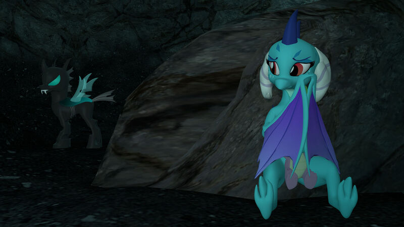 Size: 1280x720 | Tagged: safe, artist:ponygamer2020, artist:ponygamersfm, derpibooru import, princess ember, spike, changeling, dragon, 3d, cave, female, folded wings, hidden, hidden wings, hoard, holding, image, jpeg, male, overprotective, protecting, rock, source filmmaker, wings