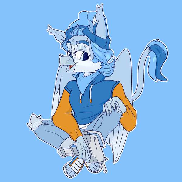 Size: 5000x5000 | Tagged: safe, artist:xasslash, derpibooru import, oc, oc:flynn the icecold, unofficial characters only, bandana, beanie, clothes, gun, hat, hoodie, image, male, micro uzi, paw sneakers, piercing, png, simple background, solo, weapon