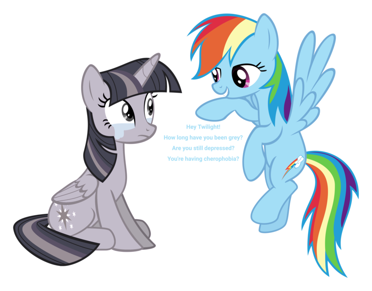 Size: 3840x3000 | Tagged: safe, artist:sollace, artist:wardex101, derpibooru import, edit, rainbow dash, twilight sparkle, twilight sparkle (alicorn), alicorn, pony, testing testing 1-2-3, crying, discorded, discorded twilight, female, image, mare, png, show accurate, simple background, text, transparent background, twilight tragedy, vector