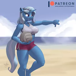 Size: 900x900 | Tagged: suggestive, artist:kevinsano, derpibooru import, part of a set, trixie, anthro, pony, unguligrade anthro, unicorn, beach, big breasts, breasts, busty trixie, clothes, erect nipples, female, grin, image, mare, midriff, nipple outline, patreon, patreon logo, png, shorts, smiling, smirk, solo, solo female, sports, tanktop, thumbs down, volleyball
