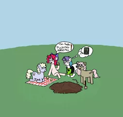 Size: 1800x1700 | Tagged: safe, artist:potatoconnoisseur, derpibooru import, oc, oc:muffin, oc:tetris effect, oc:worm, unofficial characters only, earth pony, pony, unicorn, worm, balancing, blanket, derpibooru exclusive, female, food, grass, hole, image, mare, muffin, png, quartet, shovel, sitting