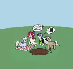 Size: 1800x1700 | Tagged: safe, artist:potatoconnoisseur, derpibooru import, oc, oc:muffin, oc:tetris effect, oc:worm, unofficial characters only, earth pony, pony, unicorn, worm, balancing, blanket, derpibooru exclusive, female, food, grass, hole, image, mare, muffin, png, quartet, shovel, sitting