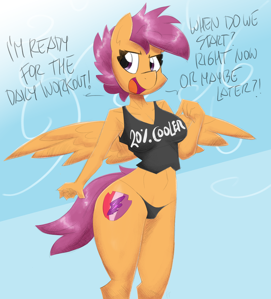 Size: 2200x2420 | Tagged: suggestive, artist:flutterthrash, derpibooru import, scootaloo, anthro, pegasus, clothes, cutie mark, dialogue, female, image, older, older scootaloo, png, solo, solo female, tanktop, text, underwear, wings