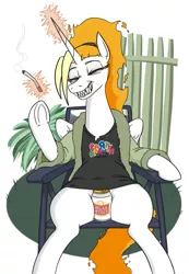 Size: 701x1014 | Tagged: safe, artist:jargon scott, derpibooru import, oc, oc:dyx, unofficial characters only, alicorn, pony, alcohol, beer, beer can, cigarette, clothes, eyes closed, female, grin, image, jpeg, levitation, magic, mare, older, older dyx, robe, sharp teeth, shirt, simple background, sitting, smiling, solo, teeth, telekinesis, underhoof, white background