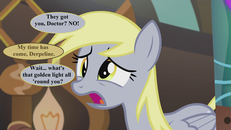 Size: 1920x1080 | Tagged: safe, derpibooru import, edit, edited screencap, screencap, derpy hooves, pegasus, pony, slice of life (episode), dialogue, doctor who, doctor whooves' lab, female, image, imminent regeneration, implied doctor whooves, mare, offscreen character, png, solo, speech bubble