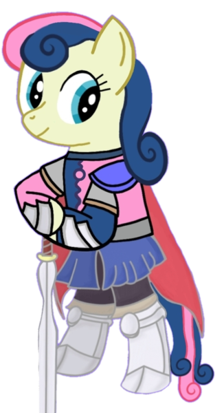 Size: 549x1009 | Tagged: safe, alternate version, artist:darlycatmake, derpibooru import, bon bon, sweetie drops, earth pony, pony, amused, armor, bon bon is amused, cape, clothes, happy, image, knight, looking at someone, looking at something, looking back, missing hat, png, royal guard, skirt, solo, sword, weapon