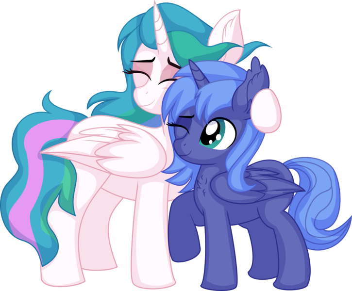 Size: 7937x6571 | Tagged: safe, artist:cyanlightning, derpibooru import, princess celestia, princess luna, alicorn, pony, .svg available, absurd resolution, duo, ear fluff, eyes closed, female, filly, foal, hug, image, mare, missing accessory, png, sibling love, siblings, simple background, sisterly love, sisters, smiling, standing, transparent background, vector
