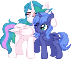 Size: 7937x6571 | Tagged: safe, artist:cyanlightning, derpibooru import, princess celestia, princess luna, alicorn, pony, .svg available, absurd resolution, duo, ear fluff, eyes closed, female, filly, foal, hug, image, mare, missing accessory, png, sibling love, siblings, simple background, sisterly love, sisters, smiling, standing, transparent background, vector