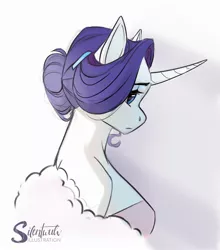 Size: 2022x2300 | Tagged: safe, artist:silentwulv, derpibooru import, rarity, anthro, unicorn, alternate hairstyle, breasts, bust, busty rarity, eyeshadow, female, frown, fur boa, hair bun, high res, image, jpeg, makeup, profile, shoulderless, signature, simple background, solo, white background