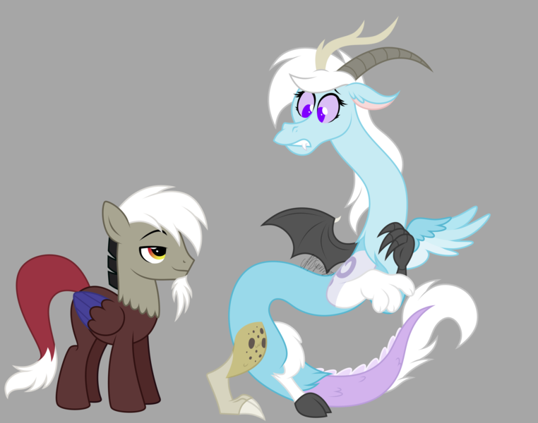 Size: 3300x2600 | Tagged: safe, artist:feather_bloom, derpibooru import, discord, oc, oc:featherbloom, ponified, draconequus, pegasus, pony, draconequus oc, duo, duo male and female, embarrassed, female, frown, gray background, high res, image, lidded eyes, looking at each other, looking at someone, male, nervous, png, pony discord, race swap, simple background, smiling, smirk, stallion, teeth