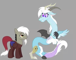 Size: 3300x2600 | Tagged: safe, artist:feather_bloom, derpibooru import, discord, oc, oc:featherbloom, ponified, draconequus, pegasus, pony, draconequus oc, duo, duo male and female, embarrassed, female, frown, gray background, high res, image, lidded eyes, looking at each other, looking at someone, male, nervous, png, pony discord, race swap, simple background, smiling, smirk, stallion, teeth