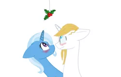 Size: 1024x652 | Tagged: safe, artist:cahansentoth, artist:decokelow, derpibooru import, prince blueblood, trixie, pony, unicorn, bluetrix, blushing, female, holly, holly mistaken for mistletoe, image, looking up, male, mare, png, shipping, simple background, stallion, straight, wavy mouth, white background