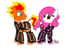 Size: 2360x1640 | Tagged: suggestive, artist:mistress midnight, derpibooru import, oc, oc:fireheart(fire), oc:storm cloud, unofficial characters only, hybrid, pegasus, batpony hybrid, clothes, fireheart76's latex suit design, gloves, image, latex, latex gloves, latex suit, pegabat, png, prisoners of the moon, simple background, transparent background