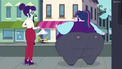 Size: 2560x1440 | Tagged: suggestive, artist:neongothic, derpibooru import, rosette nebula, sci-twi, twilight sparkle, equestria girls, bbw, belly, big belly, bingo wings, butt, chubby cheeks, clothes, fat, fat ass, fat fetish, female, fetish, glasses, hair bun, huge butt, image, impossibly large butt, impossibly large thighs, impossibly wide hips, large butt, morbidly obese, obese, pants, png, ponytail, rolls of fat, sci-twilard, ssbbw, story included, thighs, thunder thighs, twilight has a big ass, weight gain, wide hips