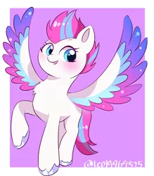 Size: 2444x2788 | Tagged: safe, artist:leo19969525, derpibooru import, zipp storm, pegasus, pony, blue eyes, blushing, female, g5, hair, image, jpeg, looking at you, pink background, simple background, solo, spread wings, tail, wings