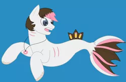 Size: 1280x835 | Tagged: safe, artist:thebridgetroll3, derpibooru import, oc, unofficial characters only, earth pony, hybrid, merpony, pony, seapony (g4), blue background, fish tail, gills, gray eyes, image, jewelry, jpeg, male, necklace, open mouth, seaponified, simple background, solo, species swap, stallion, tail, teeth, underwater, water