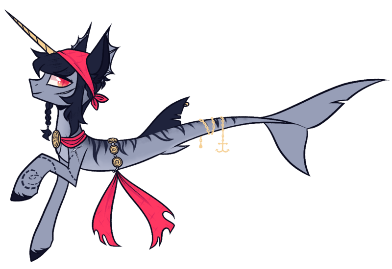 Size: 1280x880 | Tagged: safe, artist:fallen--fate, derpibooru import, oc, merpony, pony, seapony (g4), unicorn, black mane, dorsal fin, fish tail, horn, image, long horn, male, png, red eyes, seaponified, smiling, solo, species swap, stallion, tail