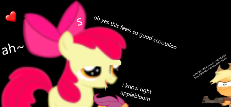 Size: 1350x629 | Tagged: questionable, derpibooru import, edit, applejack, scootaloo, earth pony, pony, 1000 hours in ms paint, black background, cringing, female, gay in front of parent, gun, image, png, s, sex, simple background, sucking, vulgar, weapon