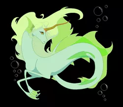 Size: 936x816 | Tagged: safe, artist:bambisparanoia, derpibooru import, oc, unofficial characters only, hybrid, merpony, pony, seapony (g4), black background, bubble, digital art, dorsal fin, female, fins, fish tail, flowing tail, green mane, horn, image, mare, open mouth, orange eyes, png, simple background, solo, swimming, tail, underwater