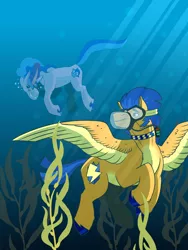 Size: 2700x3600 | Tagged: safe, artist:daotterguy, derpibooru import, flash sentry, sea swirl, seafoam, pony, unicorn, blue mane, bubble, cover art, crepuscular rays, dive mask, feather, female, goggles, grin, horn, image, male, mare, ocean, png, seaweed, smiling, spread wings, stallion, sunlight, swimming, teeth, underwater, water, wings
