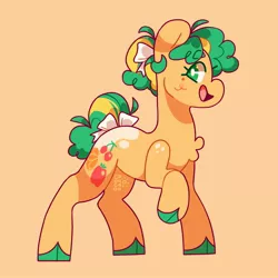 Size: 2500x2500 | Tagged: safe, artist:cocopudu, derpibooru import, earth pony, pony, bow, chest fluff, cloven hooves, g1, hair bow, image, jpeg, open mouth, open smile, orange background, profile, raised hoof, simple background, smiling, solo, tail, tail bow, tutti frutti