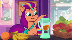 Size: 498x277 | Tagged: safe, derpibooru import, screencap, sunny starscout, my little pony: tell your tale, spoiler:g5, spoiler:my little pony: tell your tale, spoiler:tyts01e09, 3d, apple, banana, cute, food, fruit, g5, gif, image, it's t.u.e.s. day, orange, solo, sunnybetes