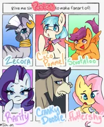 Size: 517x630 | Tagged: safe, artist:moondoodlez, derpibooru import, coco pommel, cranky doodle donkey, fluttershy, rarity, scootaloo, zecora, butterfly, donkey, earth pony, insect, pegasus, pony, unicorn, zebra, six fanarts, female, filly, foal, image, looking at something, looking at you, looking up, male, mare, open mouth, open smile, png, pouting, smiling, spread wings, wings