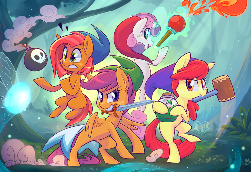Size: 1200x821 | Tagged: safe, artist:meekcheep, derpibooru import, apple bloom, babs seed, scootaloo, sweetie belle, earth pony, fairy, pegasus, pony, unicorn, 2016, adorababs, bomb, crossover, cute, cutie mark crusaders, elf hat, female, filly, foal, hammer, hat, image, link, link's hat, magic, mouth hold, nintendo, old art, png, potion, pyro belle, sword, the legend of zelda, the legend of zelda: four swords, war hammer, weapon