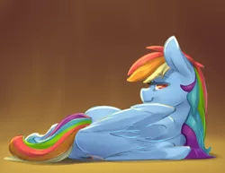 Size: 6600x5100 | Tagged: safe, artist:northernsprint, derpibooru import, rainbow dash, pegasus, pony, 2016, absurd resolution, bedroom eyes, cute, dashabetes, female, gradient background, image, looking at you, looking back, lying down, mare, old art, png, side, smiling, solo